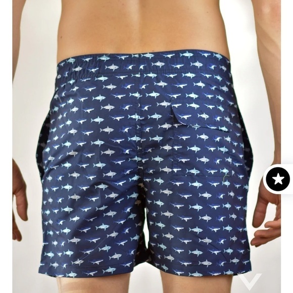 Men’s Atlantis Swim Shorts Trunks. Navy with sharks. Pockets. Drawstring - Picture 6 of 12